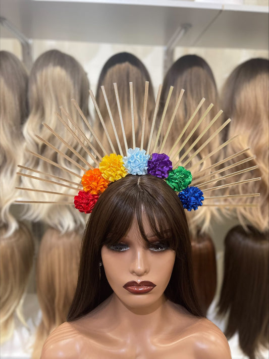 Golden Goddess Hair Crown With Multicolour Pompoms