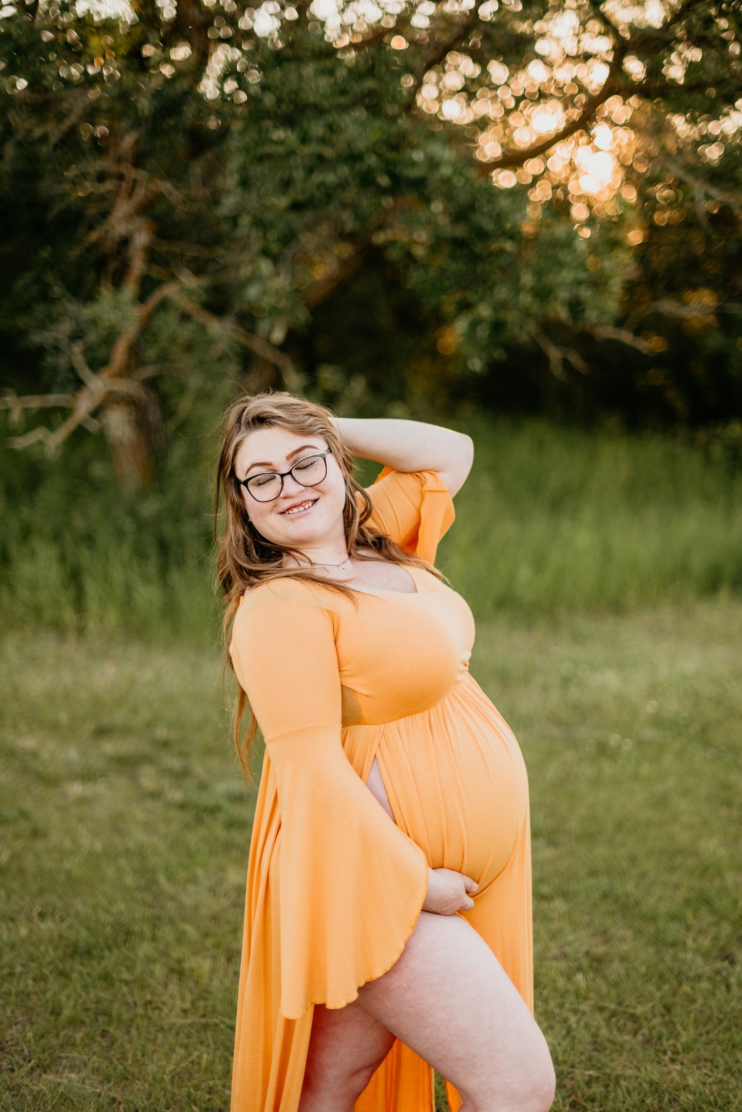 "Sunshine" Off-Shoulder Yellow Maternity Long Bell Sleeves Dress