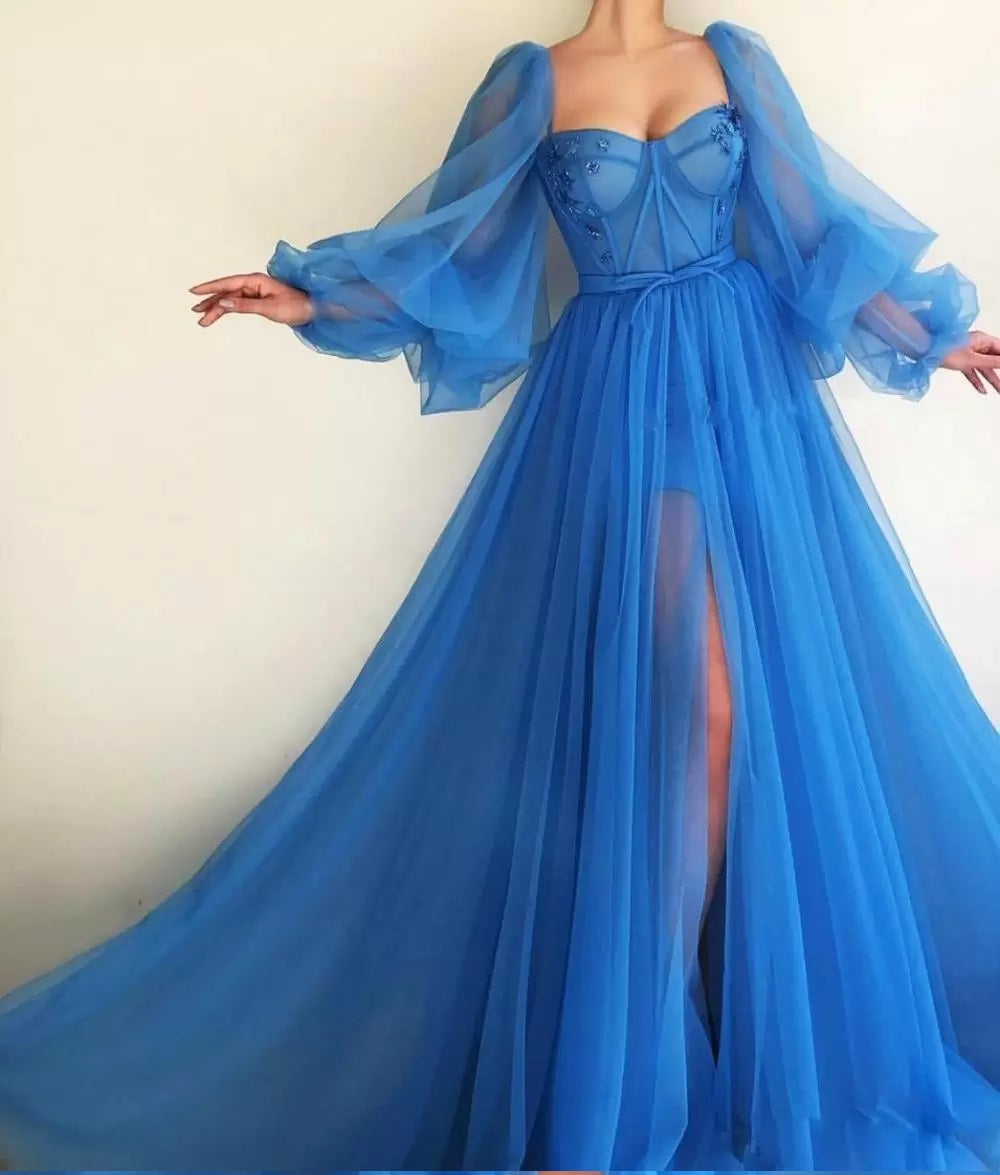 "Ella" Blue Tule Prom Dress With Puff Sleeves & High Slit