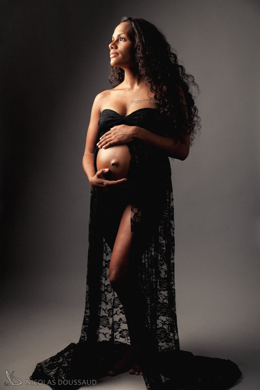 Victoria” Black Lace Off Shoulder Split Open Maternity Maxi Dress