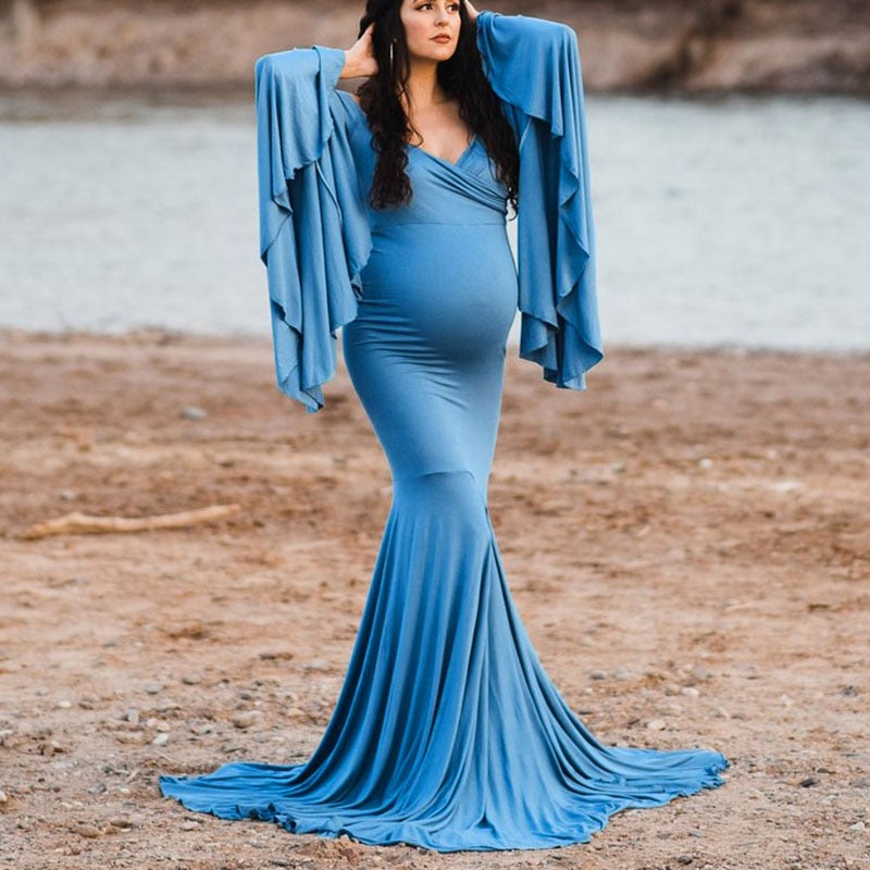 "Tiana" Off-Shoulder Denim Blue Maternity Long Bell Sleeves Dress