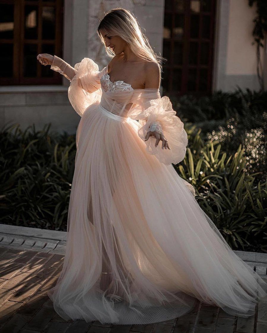 Light Pink Tulle Wedding Dress With Puff Long Sleeves