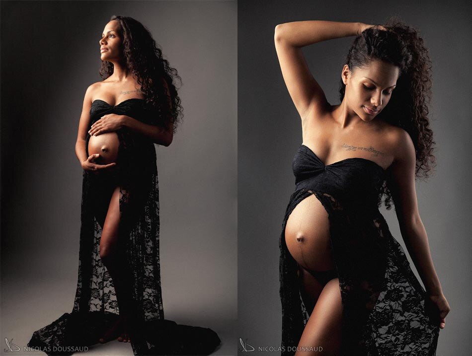 “Victoria” Black Lace Off Shoulder Split Open Maternity Maxi Dress