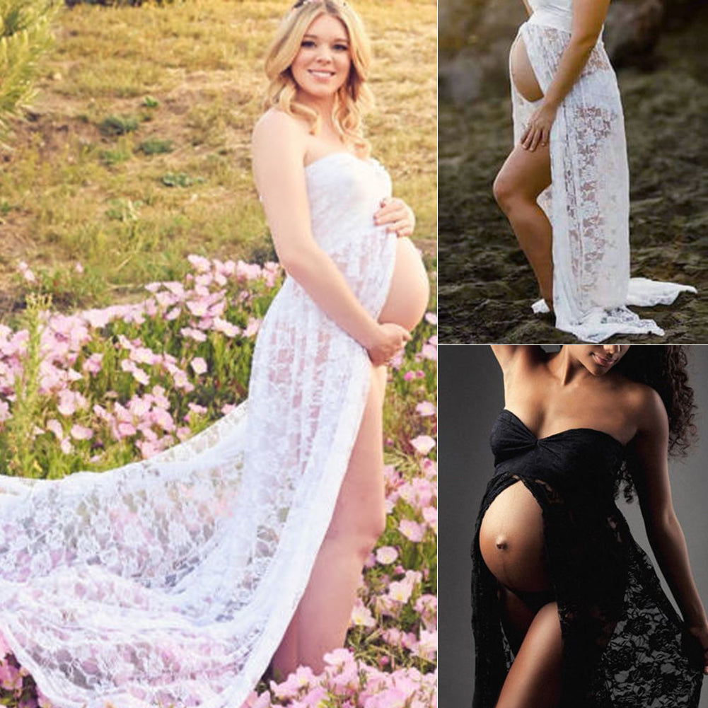 “Victoria” White Lace Off Shoulder Split Open Maternity Maxi Dress