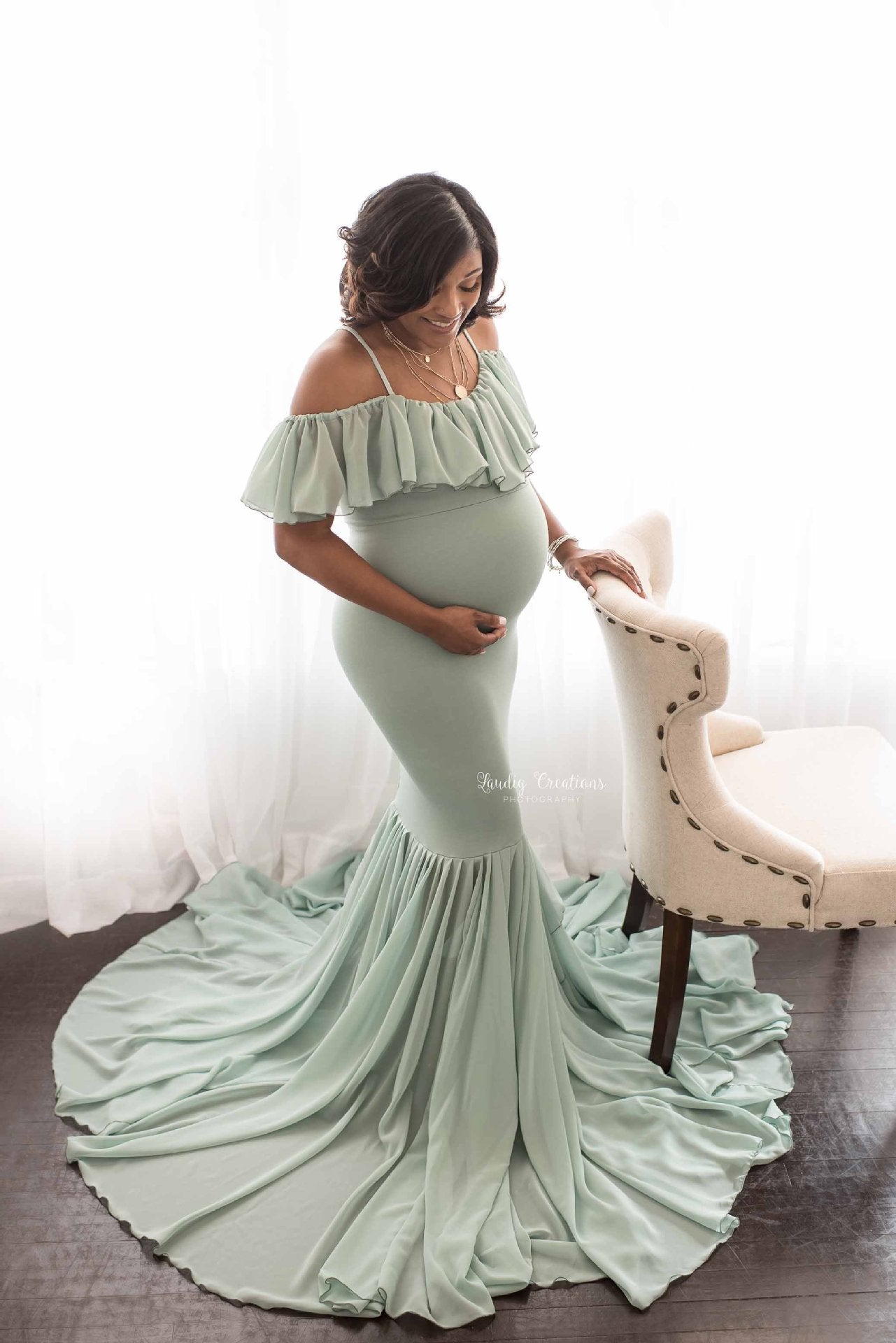 "Esmeralda" Light Green Off The Shoulder Fishtail Maternity Dress