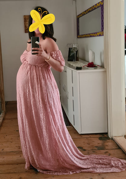 "Blossom" Rose Pink Lace Off The Shoulder Long Dress
