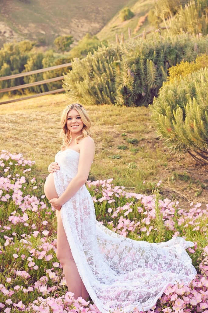 “Victoria” White Lace Off Shoulder Split Open Maternity Maxi Dress