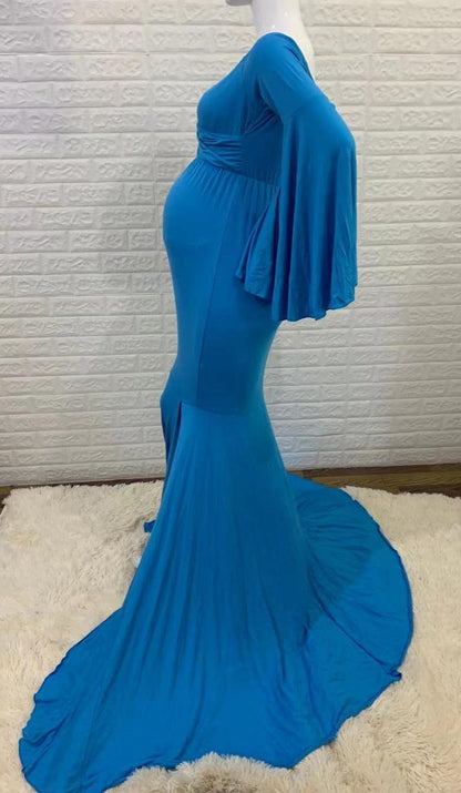 "Tiana" Off-Shoulder Denim Blue Maternity Long Bell Sleeves Dress