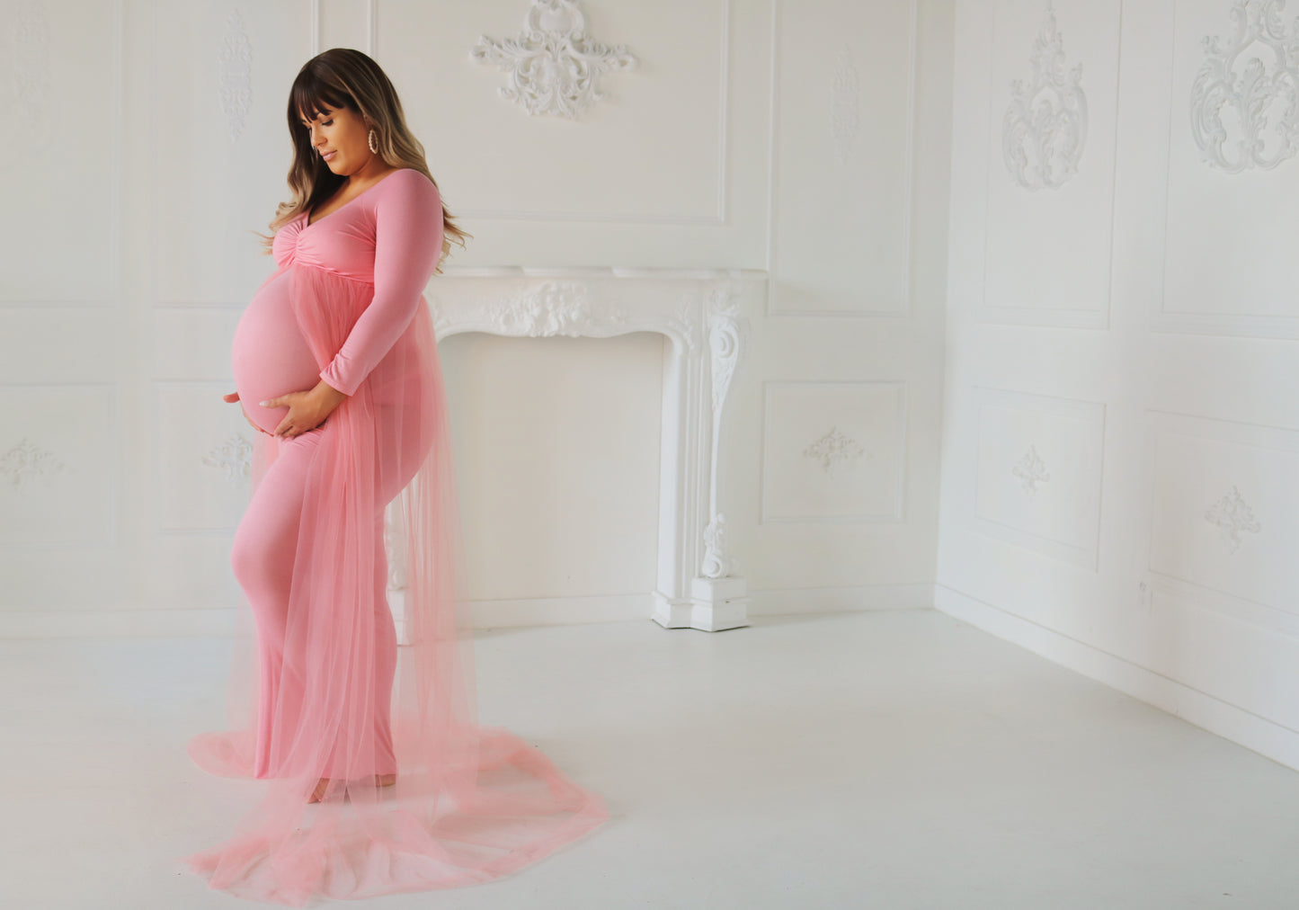 “Rose” Dusty Pink Long Sleeves Maternity Dress With A Cape