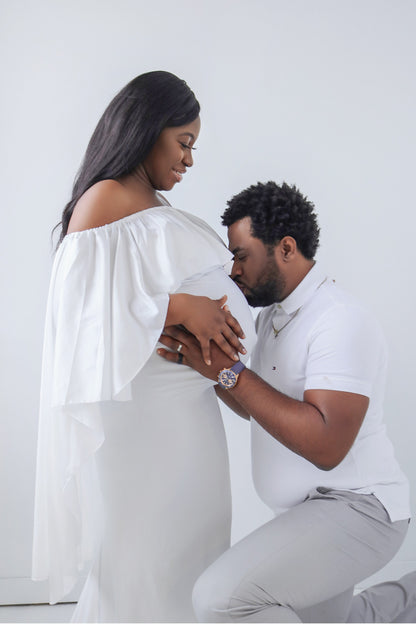 "Vanilla" White Off The Shoulder Maternity Dress With Cape