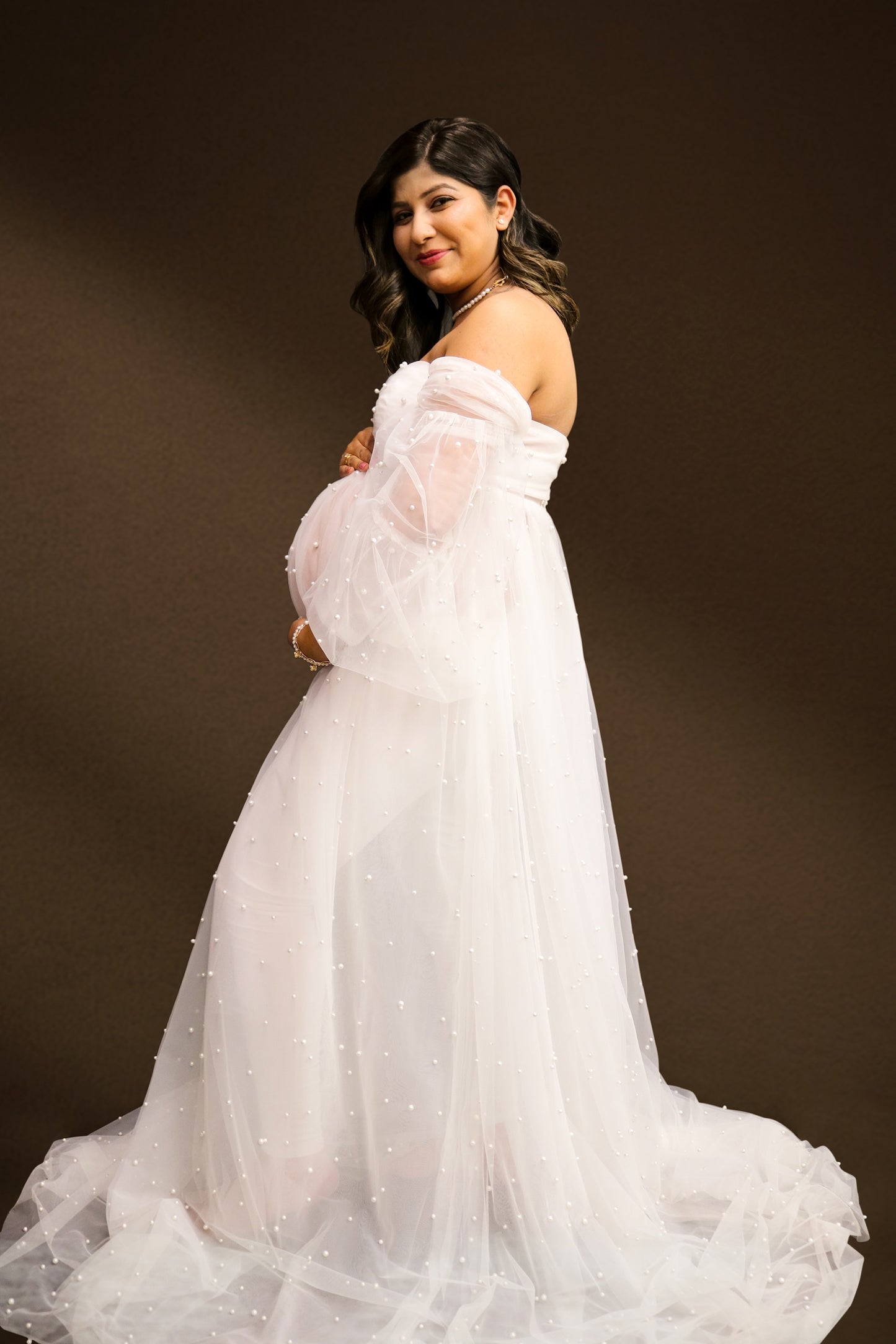 "Ariel" Off-Shoulder Long Sleeved Pearl Maternity Dress