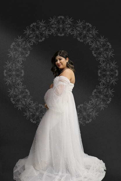 "Ariel" Off-Shoulder Long Sleeved Pearl Maternity Dress