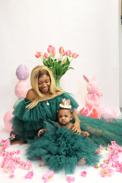 "Emerald" See-through Dark Green Tulle Mommy & Me Matching Dresses Set