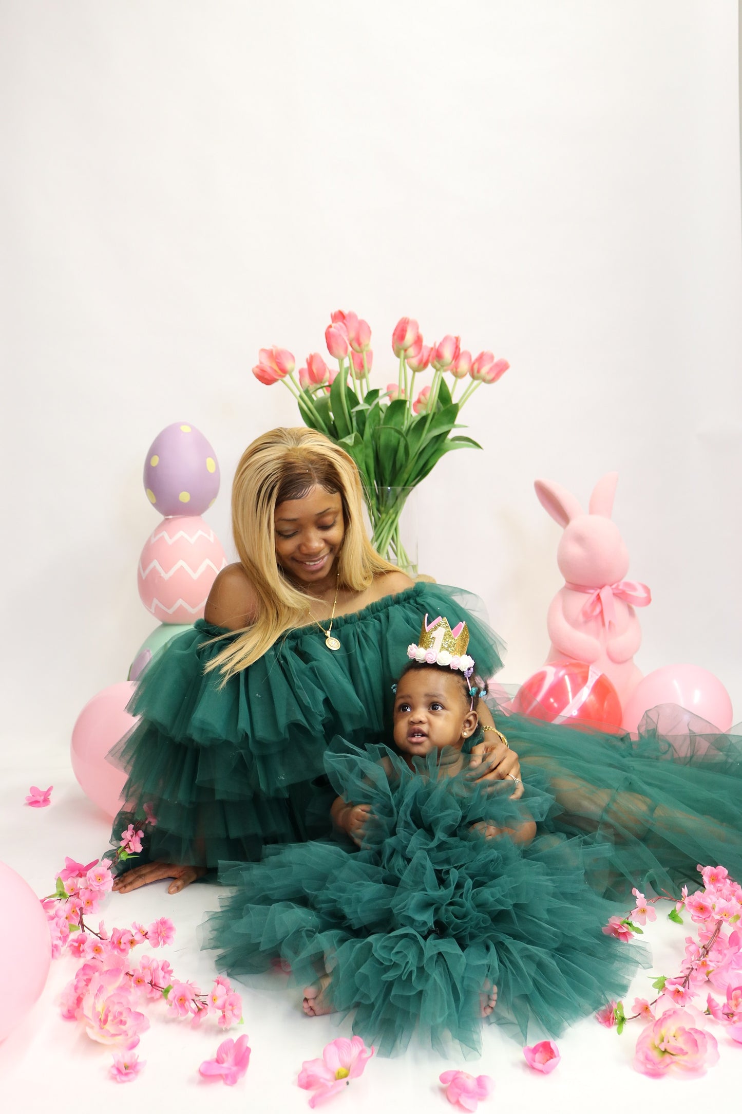 "Emerald" See-through Dark Green Tulle Mommy & Me Matching Dresses Set