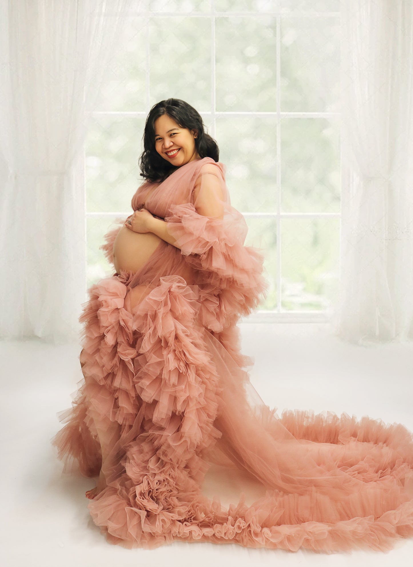 "Azalea" See-through Rose Pink Tulle Maternity Long Sleeves Robe Dress