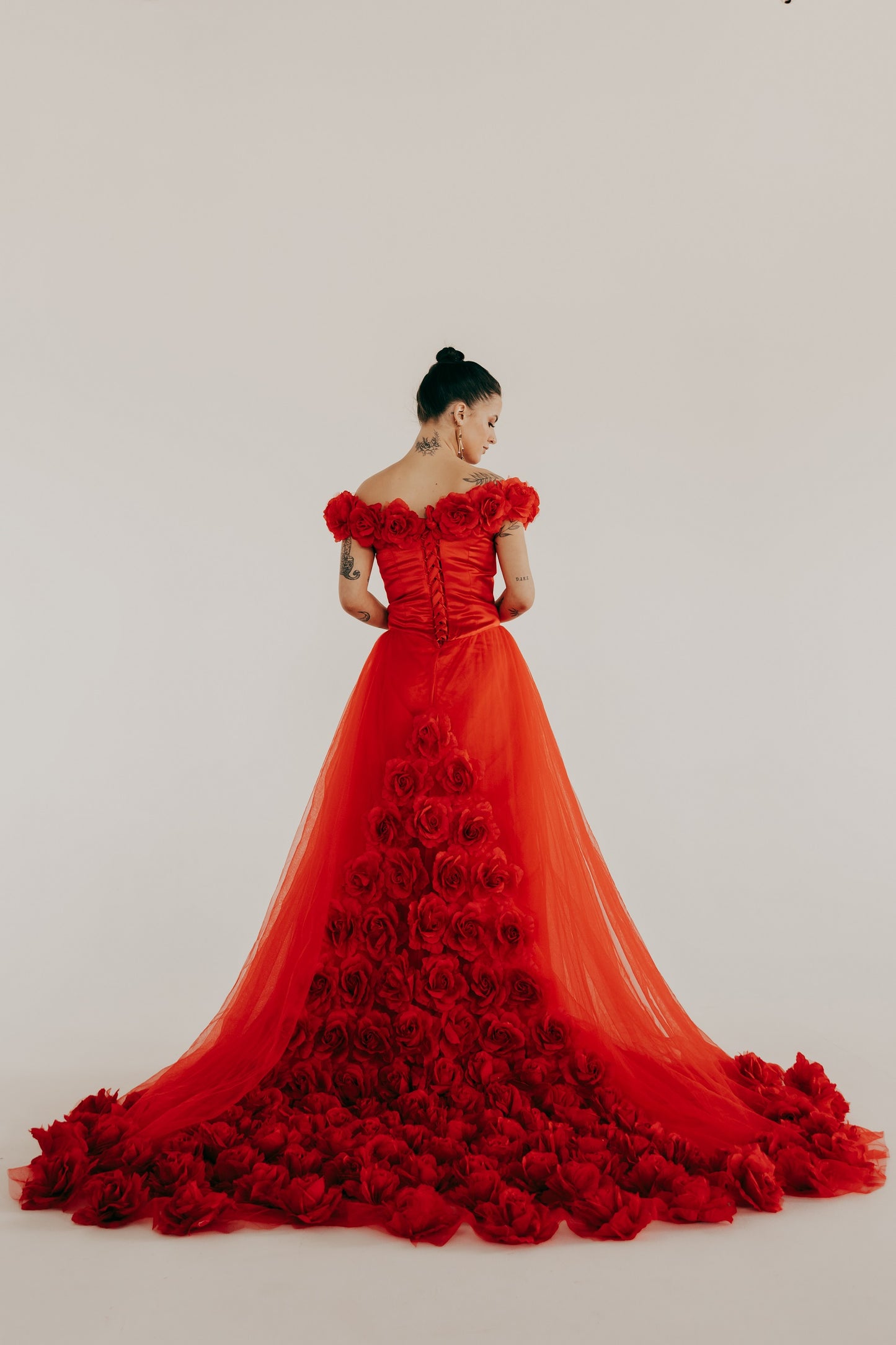"Ruby" Rich Red Off Shoulder Sexy Rose Sheer Prom Dress