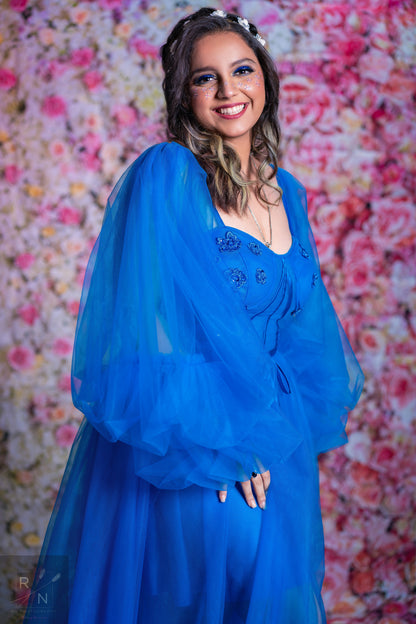 "Ella" Blue Tule Prom Dress With Puff Sleeves & High Slit