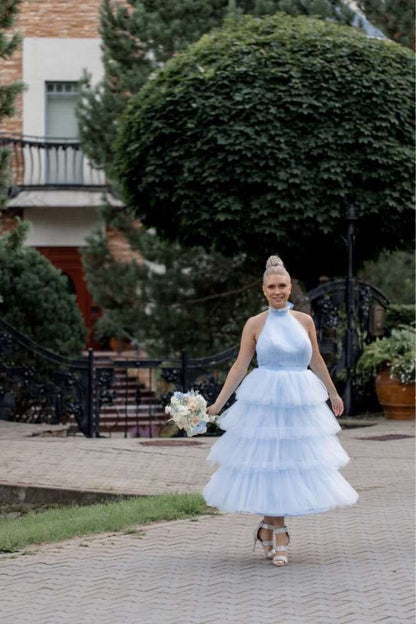 Light Blue Tule Prom Dress With High Neck Backless Dress Plus Size