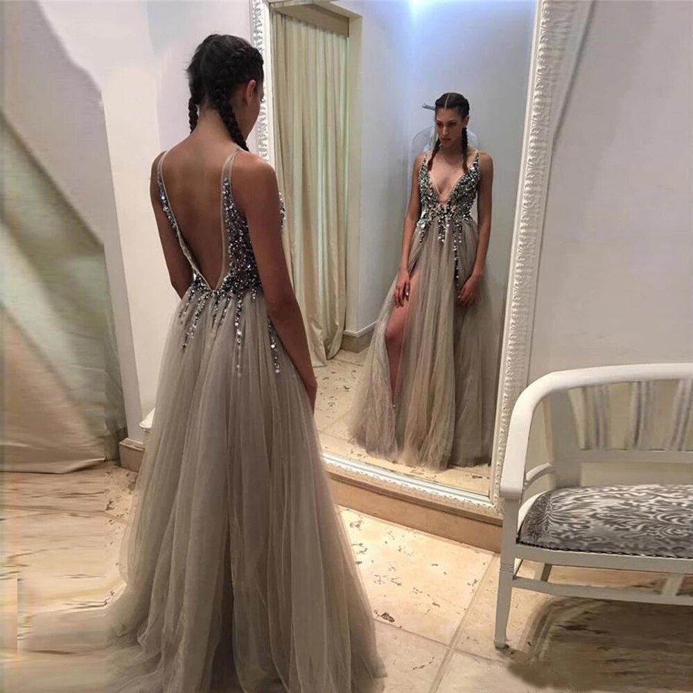 "Ashanti" V-Neck Light Gray High Split Beading Prom Dress