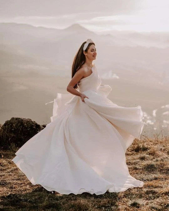 "Anastasia" One Shoulder White Wedding Dress With High Side Split