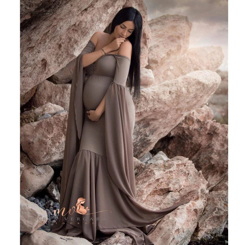 Off-Shoulder Light Brown Maternity Long Bell Sleeves Dress