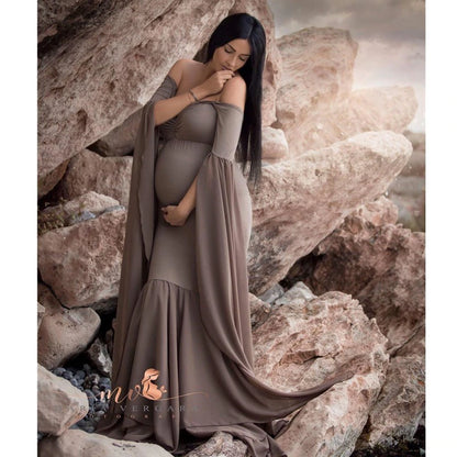 "Hot Chocolate" Off-Shoulder Light Brown Maternity Long Bell Sleeves Dress