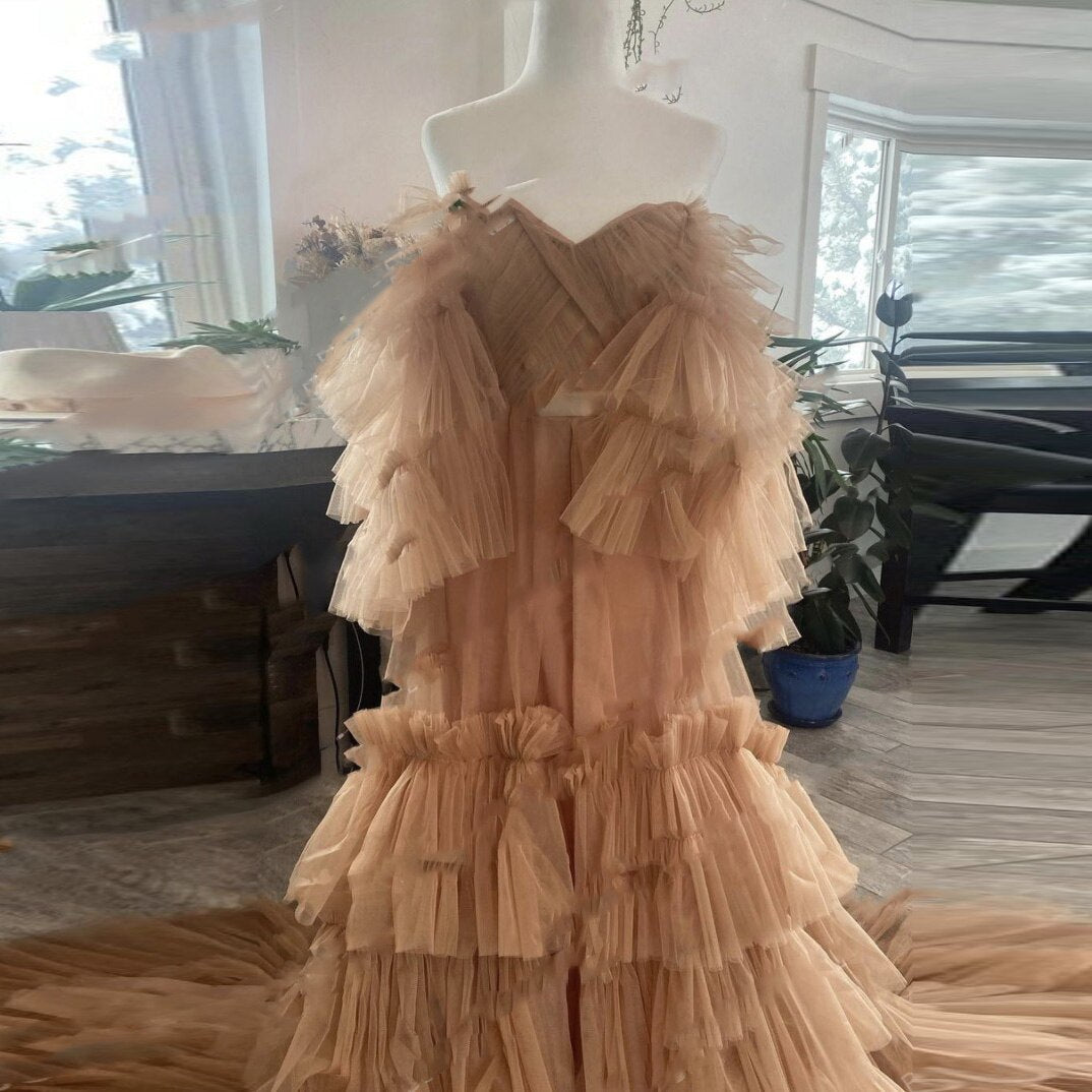 "Florence" Beige Off The Shoulder Tiered Tulle Party Dress With Half Ruffles Sleeves