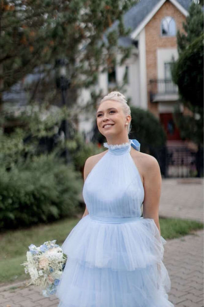 Light Blue Tule Prom Dress With High Neck Backless Dress Plus Size