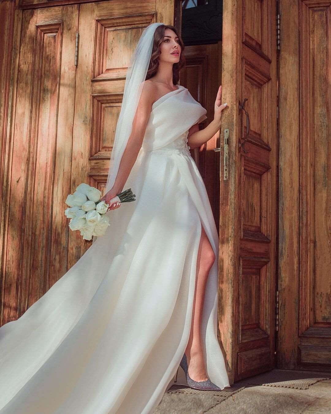 "Anastasia" One Shoulder White Wedding Dress With High Side Split