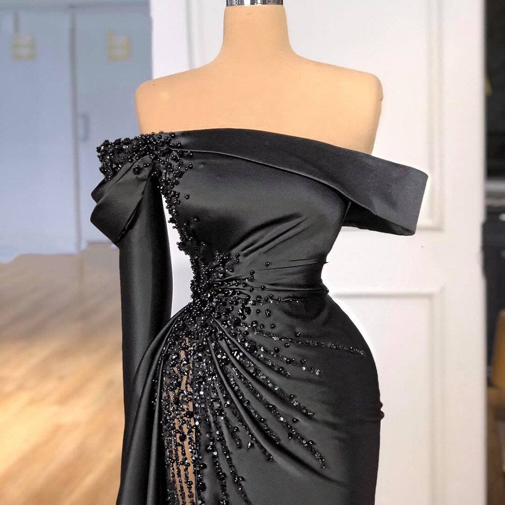 "Ava" Off-shoulder Black Pageant Party Gown With Black Pearls