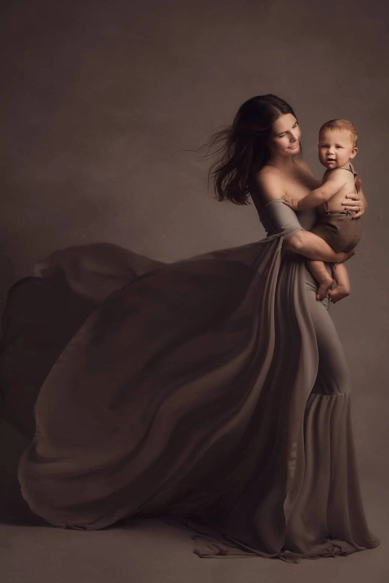 Off-Shoulder Light Brown Maternity Long Bell Sleeves Dress