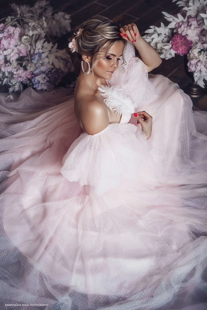"Dahlia" Pink Tulle Prom Graduation Dress With Puff Sleeves