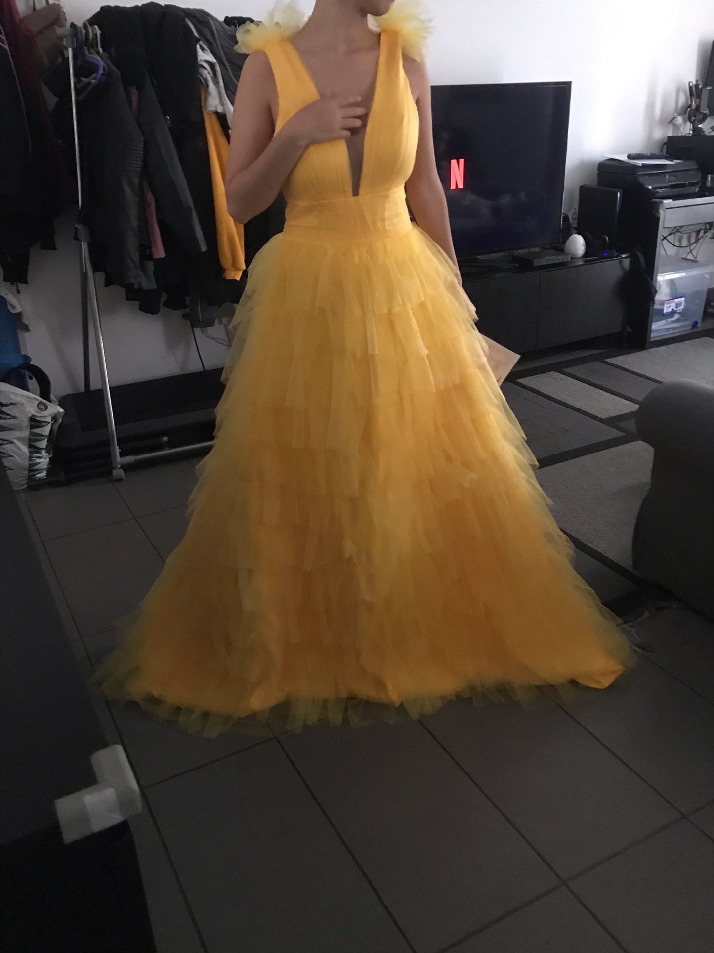 "Belle" Deep V-Neck Yellow Tulle Prom Birthday Dress