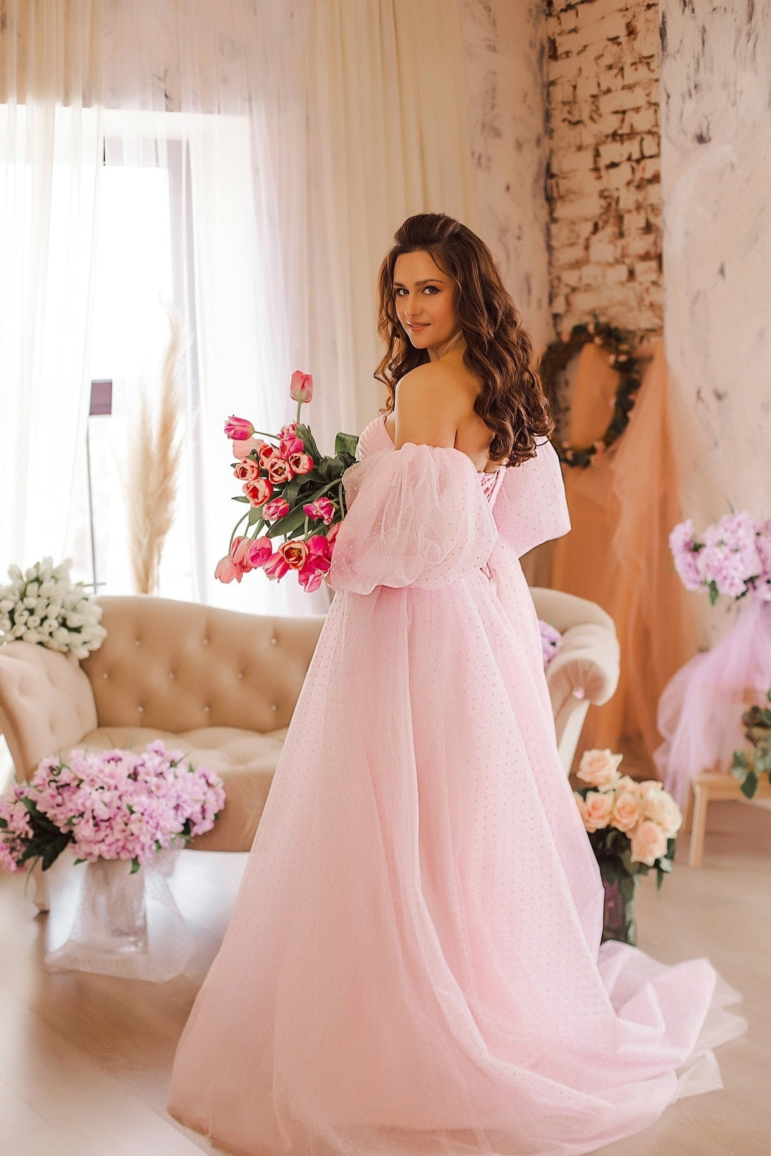 "Dahlia" Pink Tulle Prom Graduation Dress With Puff Sleeves
