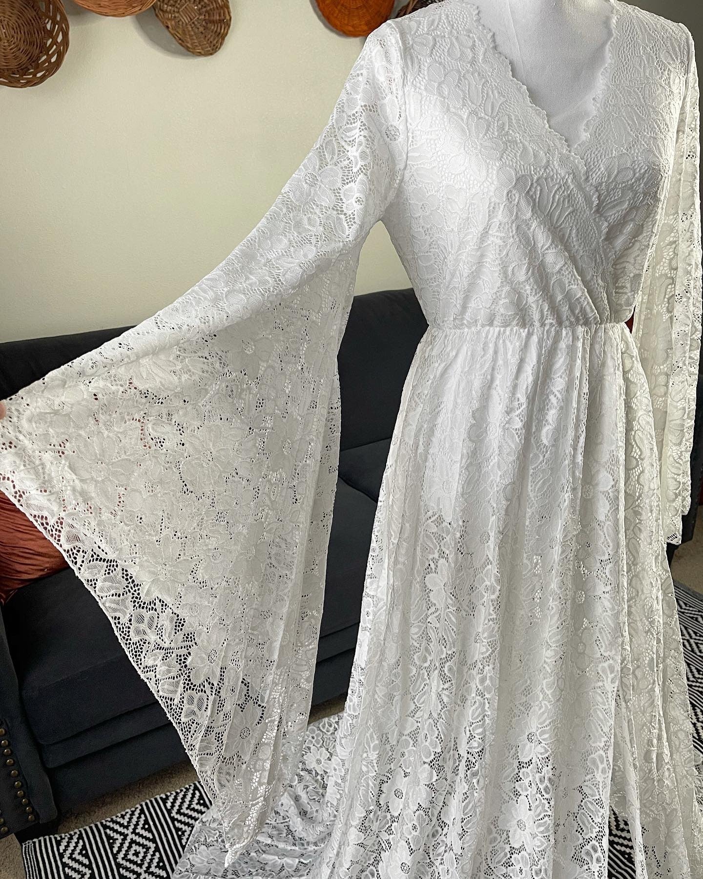 "Alexandra" White Lace Long Bell Sleeves Maternity Dress