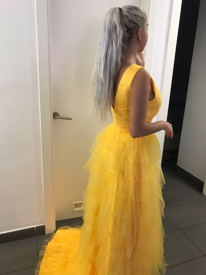 "Belle" Deep V-Neck Yellow Tulle Prom Birthday Dress