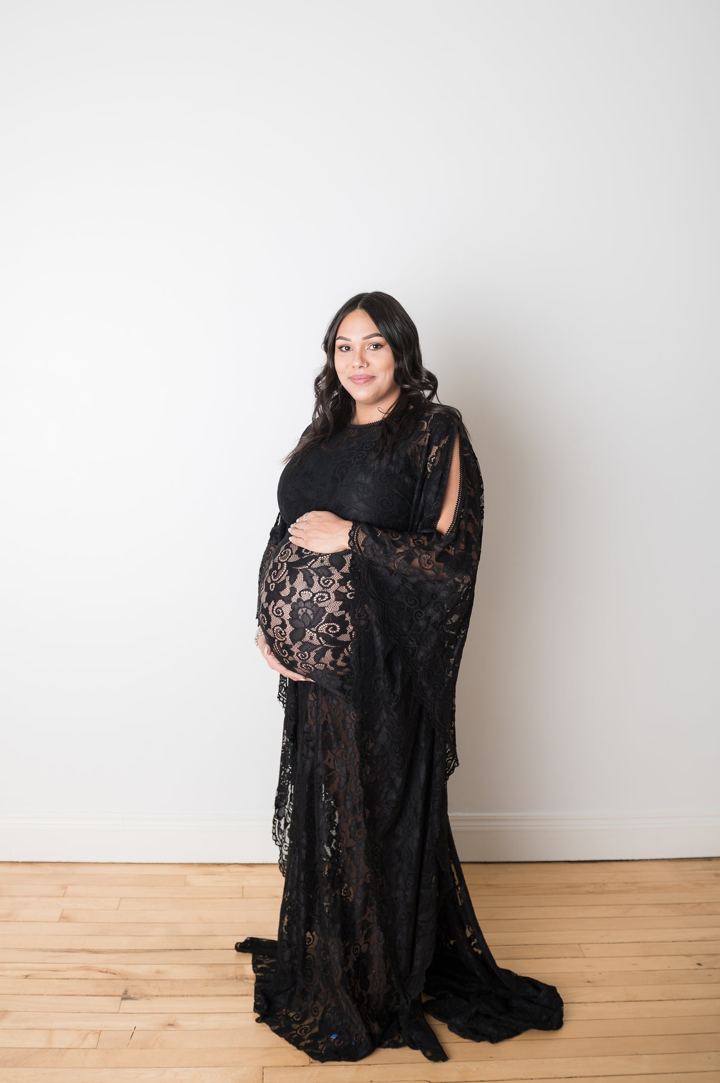 "Hadley" Black Lace Maternity Dress Split Side Bell Sleeve Gown