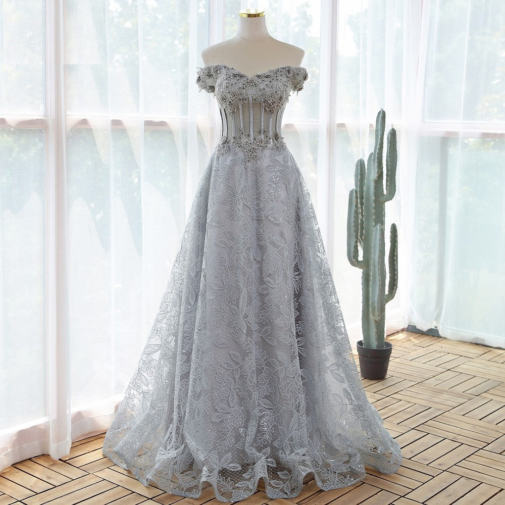 "Ice Queen" Elegant Sequin Lace Gray With Flowers Evening Prom Dress Plus Size