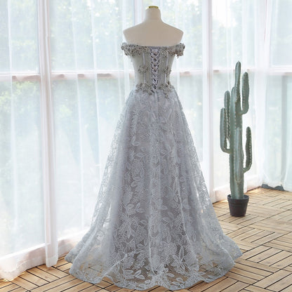 "Ice Queen" Elegant Sequin Lace Gray With Flowers Evening Prom Dress Plus Size