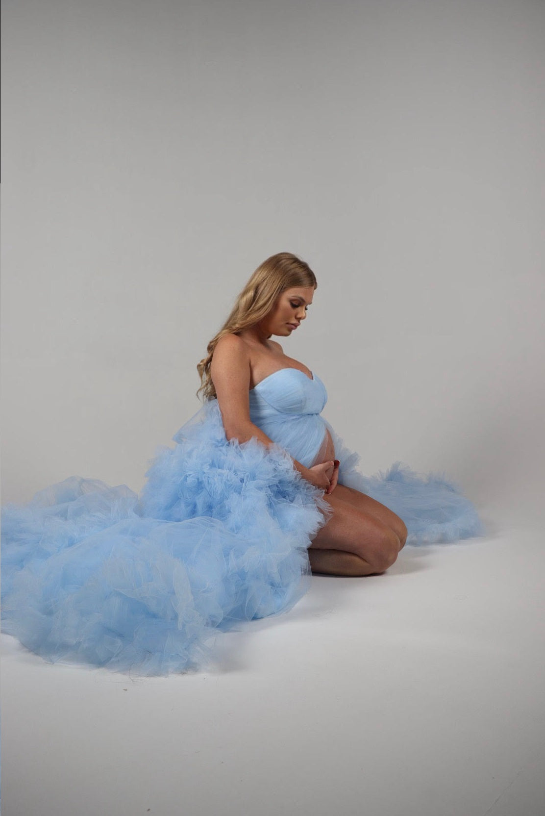 "Penelope" Dusty Blue Ruffled Tulle Maternity Gown Off the Shoulder